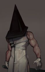 Rule 34 | 1boy, arms at sides, brown background, cowboy shot, dark background, from below, gloves, helmet, highres, holding, male focus, monster boy, muscular, muscular male, nanadagger, pyramid head, silent hill (series), silent hill 2, simple background, solo, sword, thick arms, veins, veiny arms, weapon, white gloves