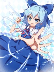 Rule 34 | 1girl, argyle, argyle background, argyle clothes, blue dress, blue eyes, blue hair, cirno, clenched hand, cowboy shot, dress, dutch angle, foreshortening, highres, ice, ice wings, mimottei, neck ribbon, open hand, open mouth, outstretched arm, puffy short sleeves, puffy sleeves, ribbon, short hair, short sleeves, solo, touhou, wings