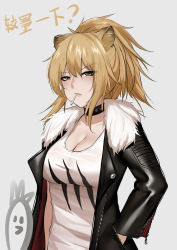 Rule 34 | 1girl, absurdres, animal ears, arknights, bad id, bad pixiv id, black choker, black jacket, breasts, brown eyes, brown hair, chinese commentary, choker, cleavage, commentary request, fur-trimmed jacket, fur trim, hair between eyes, hand in pocket, highres, jacket, large breasts, lion ears, long hair, long sleeves, looking at viewer, mouth hold, open clothes, open jacket, shirt, siege (arknights), solo, t-shirt, tiankong pie ai, translation request, upper body, white shirt