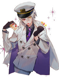Rule 34 | 1boy, absurdres, black gloves, black shirt, cake, candy, cape, collared shirt, facing viewer, food, gloves, grey hair, heterochromia, highres, jacket, looking to the side, mahoutsukai no yakusoku, male focus, necktie, owen (mahoutsukai no yakusoku), pants, purple cape, purple necktie, red eyes, shirt, short hair, solo, sparkle, sweets, tongue, tongue out, u-sama (u summer0719), white jacket, white pants, yellow eyes