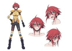 Rule 34 | 10s, 1girl, ahoge, blush, boots, breasts, character sheet, collarbone, concept art, elbow pads, expressions, facial expressions, fingerless gloves, full body, gloves, green eyes, grin, hand on own hip, heterochromia, highres, knee pads, monster girl, monster musume no iru nichijou, multiple views, official art, red hair, sharp teeth, shoulder pads, simple background, smile, stitches, sweatdrop, teeth, uniform, white background, yellow eyes, zombie, zombina (monster musume)