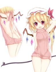 Rule 34 | 1girl, :d, arm behind back, arm behind head, ass, backless outfit, bare back, blonde hair, blush, butt crack, fang, flandre scarlet, hat, looking at viewer, meme attire, meuneyu, multiple views, naked sweater, open mouth, pink sweater, pointy ears, red eyes, side ponytail, simple background, smile, sweater, touhou, turtleneck, turtleneck sweater, virgin killer sweater, white background, wings