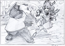 Rule 34 | 1girl, action, bandaged arm, bandages, baton, black border, border, bun cover, chain, china dress, chinese clothes, cuffs, dated, double bun, dress, fighting, fighting stance, flower, graphite (medium), hair bun, highres, ibaraki kasen, key frame, legs apart, looking at another, makicha (sasurainopink), monochrome, open mouth, panda, pelvic curtain, ribbon, rose, scan, shoes, short hair, stairs, standing, standing on one leg, touhou, traditional media