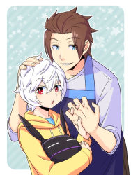 Rule 34 | 2boys, apron, blue eyes, brown hair, hair between eyes, hand on another&#039;s head, height difference, holding hands, hood, hoodie, jin yuuichi, kuga yuuma, looking at viewer, multiple boys, open mouth, red eyes, replica, roromo, white hair, world trigger