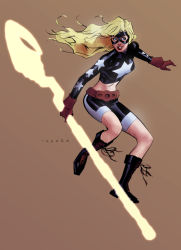Rule 34 | 1girl, belt, blonde hair, blue eyes, boots, courtney whitmore, cross-laced footwear, dc comics, female focus, flying, full body, gloves, glowing, justice society of america, lace-up boots, mask, midriff, red gloves, shorts, simple background, solo, staff, star (symbol), stargirl, takara