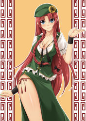 Rule 34 | 1girl, bad id, bad pixiv id, blue eyes, bow, braid, breasts, china dress, chinese clothes, chiro, cleavage, collarbone, contrapposto, dress, hair bow, hat, hong meiling, large breasts, long hair, looking at viewer, nail polish, panties, red hair, red panties, revision, shiny skin, side-tie panties, side slit, smile, solo, standing, star (symbol), touhou, twin braids, underwear, very long hair, wristband