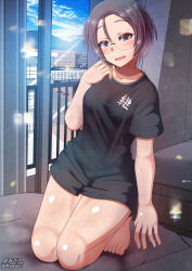 Rule 34 | 1girl, barefoot, black shirt, blue eyes, blue hair, blush, breasts, girls und panzer, glasses, highres, indoors, kneeling, looking at viewer, megadeko, open mouth, rumi (girls und panzer), shirt, short hair, small breasts, smile, solo