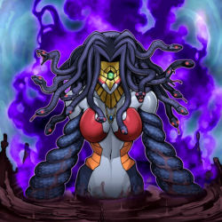 Rule 34 | 1girl, aura, breasts, extra eyes, fangs, forked tongue, jewelry, monster girl, necklace, no mouth, official art, red eyes, snake arms, snake hair, snake tail, tail, tongue, vennominaga the deity of poisonous snakes, yu-gi-oh!, yu-gi-oh! gx