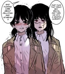 Rule 34 | 2girls, black eyes, black hair, blush, brown jacket, chainsaw man, commentary, english commentary, english text, highres, hinghoi, jacket, long hair, mitaka asa, multiple girls, open mouth, profanity, red eyes, ringed eyes, scar, scar on face, shirt, simple background, speech bubble, sweat, trembling, twintails, upper body, white background, white shirt, yoru (chainsaw man)
