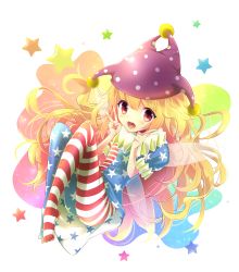 Rule 34 | 1girl, american flag dress, american flag legwear, blonde hair, blush, clownpiece, double v, fairy, fairy wings, full body, hat, highres, jester cap, long hair, looking at viewer, open mouth, pantyhose, print pantyhose, puffy sleeves, red eyes, short sleeves, smile, solo, star (symbol), striped clothes, striped pantyhose, touhou, uta (kuroneko), v, wings