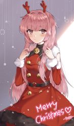 Rule 34 | 1girl, antlers, artist name, bell, blush, buttons, christmas, english text, eyes visible through hair, girls&#039; frontline, highres, horns, merry christmas, ntw-20 (girls&#039; frontline), ntw-20 (xmas reindeer) (girls&#039; frontline), official alternate costume, pink eyes, pink hair, reindeer antlers, santa costume, snowflakes, solo, user uyfr2275