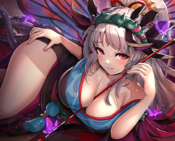 Rule 34 | 1girl, armpit crease, arrow (projectile), between breasts, blush, breasts, bug, butterfly, butterfly wings, cleavage, collarbone, come hither, commentary request, crown of thorns, facial mark, female focus, fire emblem, fire emblem heroes, forehead mark, gonzarez, grey hair, highres, insect, insect wings, japanese clothes, kimono, large breasts, long hair, looking at viewer, lying, nail polish, nintendo, obi, official alternate costume, on side, plumeria (fire emblem), pointy ears, ponytail, red eyes, sash, shadow, sidelocks, skindentation, solo, tareme, tassel, thighs, very long hair, wings