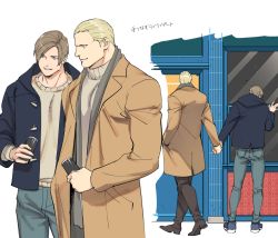 Rule 34 | 2boys, back, black jacket, blonde hair, blue eyes, blue pants, brown coat, brown hair, brown pants, brown shirt, can, closed mouth, coat, couple, dating, drink can, grey scarf, holding, holding can, holding hands, hood, hood down, hooded jacket, jack krauser, jacket, leon s. kennedy, male focus, multiple boys, open clothes, open coat, open jacket, pants, resident evil, resident evil: the darkside chronicles, resident evil 4, scarf, shirt, short hair, smile, soda can, tatsumi (psmhbpiuczn), translation request, yaoi