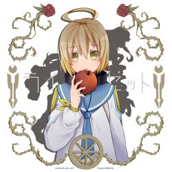 Rule 34 | 1boy, ahoge, apple, blonde hair, blue neckwear, blue sailor collar, bow, character name, dress, food, fruit, green eyes, hair between eyes, holding, holding food, holding fruit, laphicet (tales), long sleeves, looking at viewer, male focus, monicanc, red apple, sailor collar, sailor dress, short hair, solo, tales of (series), tales of berseria, twitter username, upper body, velvet crowe, white background, white dress, yellow bow