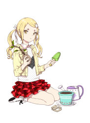 Rule 34 | 1boy, androgynous, april, blonde hair, crossdressing, hair ornament, hair ribbon, jacket, long hair, looking at viewer, male focus, montanyaoh, original, plant, pot, ribbon, seiza, simple background, sitting, skirt, solo, trap, trowel, twintails, watering can, white background, yellow eyes