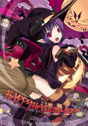 Rule 34 | 1girl, :d, bat (animal), bat wings, broom, broom riding, demon horns, detached sleeves, halloween, happy halloween, hat, horns, jack-o&#039;-lantern, looking at viewer, open mouth, original, pointy ears, pumpkin, shiratama dango, smile, solo, star (symbol), striped clothes, striped thighhighs, thighhighs, wings, witch, witch hat