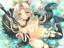 Rule 34 | 1girl, absurdly long hair, animal ears, bandages, black thighhighs, blush, breasts, chain, collar, covered erect nipples, hair intakes, highres, large breasts, long hair, original, riv (rivleaf), silver hair, sitting, skindentation, solo, submerged, tail, thighhighs, torn clothes, torn thighhighs, very long hair, water, yellow eyes