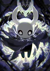 Rule 34 | aura, backlighting, black skin, blade, blurry, bug, cape, chain, chromatic aberration, cloak, colored skin, depth of field, energy, floating, glowing, glowing eyes, helmet, highres, hollow eyes, hollow knight, horns, knight (hollow knight), mamuru, solo, spoilers, torn clothes, weapon, white eyes