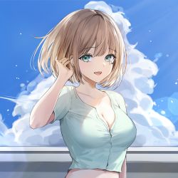Rule 34 | 1girl, :d, aqua shirt, blue sky, breasts, cleavage, cloud, collarbone, commentary request, crop top, day, facial mark, hand up, heart, highres, korean commentary, large breasts, lillly, looking at viewer, midriff, open mouth, original, shirt, short sleeves, sky, smile, solo, upper body