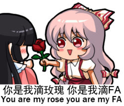 Rule 34 | 2girls, :d, arm at side, black hair, blunt bangs, blush, bow, chibi, chinese text, clenched hand, collared shirt, english text, flower, frills, fujiwara no mokou, hair between eyes, hair bow, hand up, hime cut, holding, holding flower, houraisan kaguya, jokanhiyou, long hair, long sleeves, looking at another, lowres, multiple girls, no nose, open mouth, puffy short sleeves, puffy sleeves, red eyes, red flower, red rose, rose, shirt, short sleeves, simple background, smile, suspenders, touhou, translation request, triangle mouth, white background, white shirt, wing collar