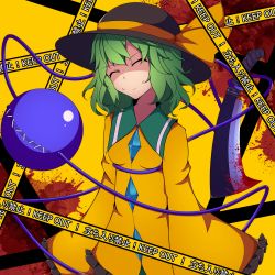 Rule 34 | 1girl, ^ ^, absurdres, black hat, blood, bloody knife, blouse, butcher knife, buttons, caution tape, closed eyes, closed mouth, collared shirt, commentary request, diamond button, eyeball, frilled sleeves, frills, green hair, hat, hat ribbon, highres, keep out, knife, komeiji koishi, kuroleo, long sleeves, medium hair, ribbon, shirt, smile, solo, third eye, touhou, upper body, wavy hair, wide sleeves, yellow background, yellow ribbon, yellow shirt
