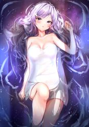 Rule 34 | 1girl, absurdres, blush, breasts, ciawasemono, cleavage, copyright request, feet out of frame, hair ornament, highres, leg up, long hair, medium breasts, naked towel, partially submerged, purple eyes, purple hair, solo, star (symbol), star hair ornament, towel, water, wet