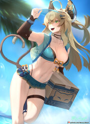 Rule 34 | 1girl, :d, absurdres, ahoge, animal ear fluff, animal ears, aqua bikini, arm up, bare shoulders, bikini, bikini skirt, black choker, blonde hair, blue sky, box, breasts, cardboard box, cat ears, cat tail, choker, commentary request, day, detached sleeves, genshin impact, green eyes, hair ornament, hairclip, half updo, highres, holding, holding box, kirara (genshin impact), large breasts, long hair, long sleeves, looking at viewer, microskirt, multiple tails, navel, open clothes, open mouth, skirt, sky, smile, solo, standing, standing on one leg, stomach, swimsuit, tail, thigh strap, thighs, two tails, vilde loh hocen, visor cap