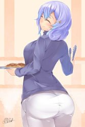 Rule 34 | 1girl, ^ ^, absurdres, alternate costume, ass, blue hair, blush, breasts, closed eyes, croissant, dated, closed eyes, female focus, food, from behind, gradient hair, hair ornament, hairpin, highres, huge ass, kokka han, large breasts, letty whiterock, looking back, multicolored hair, pants, purple hair, short hair, simple background, smile, solo, tongs, touhou, tray, two-tone hair