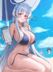 Rule 34 | 3girls, absurdres, beach, beach umbrella, bikini, blue archive, blue bikini, blue sky, blush, breasts, cloud, day, deriolet, finger to mouth, halo, heart, highres, holding, holding phone, incoming call, kneeling, lanyard, large breasts, long hair, looking at viewer, multiple girls, navel, noa (blue archive), outdoors, phone, fake phone screenshot, purple eyes, shushing, sky, solo focus, spoken heart, stomach, strap gap, swimsuit, thighs, umbrella, untied bikini, very long hair, white hair, yuuka (blue archive)