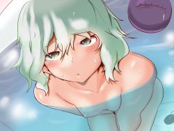 Rule 34 | 1girl, arms under breasts, banned artist, bathtub, breasts, closed mouth, collarbone, completely nude, green eyes, green hair, hekiga (freelot), highres, komeiji koishi, legs together, looking at viewer, looking up, matching hair/eyes, nude, short hair, small breasts, thighs, third eye, touhou, water, wet