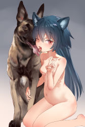 Rule 34 | 1girl, animal, animal collar, animal ears, bestiality, blue hair, breasts, brown eyes, collar, dog, french kiss, highres, kiss, kissing animal, kneeling, locked arms, long hair, looking at viewer, navel, nipples, nude, one eye closed, original, polki, pregnant, small breasts, solo, tongue, tongue out, v