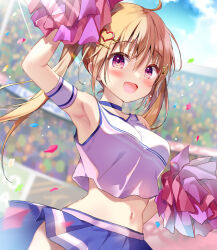 Rule 34 | 1girl, armband, armpits, blonde hair, blue choker, blue skirt, blue sky, blush, breasts, cheerleader, choker, cloud, commentary request, confetti, crop top, day, hair between eyes, hair ornament, heart, heart hair ornament, holding, holding pom poms, kino (kino konomi), long hair, looking at viewer, medium breasts, navel, original, outdoors, pleated skirt, pom pom (cheerleading), pom poms, purple eyes, shirt, skirt, sky, smile, solo, stadium, standing, white shirt