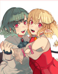 Rule 34 | 2girls, :d, absurdres, adapted costume, armpit crease, ascot, blonde hair, blue ascot, blue hair, blush, border, brooch, clothing cutout, commentary request, dress, fangs, flandre scarlet, hair between eyes, hand up, highres, hug, jewelry, looking at viewer, multiple girls, no headwear, one side up, open mouth, pointy ears, puffy short sleeves, puffy sleeves, red border, red dress, red eyes, remilia scarlet, shi chimi, short sleeves, shoulder cutout, siblings, simple background, sisters, slit pupils, smile, teeth, touhou, upper body, white background