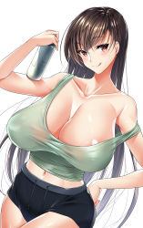 Rule 34 | 1girl, areola slip, bare shoulders, black shorts, blush, breasts, brown eyes, brown hair, can, cleavage, closed mouth, collarbone, green tank top, hand on own hip, highres, huge breasts, licking lips, long hair, looking at viewer, navel, original, sasakuma kyouta, short shorts, shorts, simple background, swept bangs, tank top, tongue, tongue out, white background