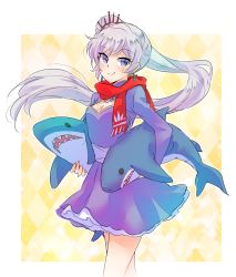Rule 34 | 1girl, blue eyes, cropped jacket, earrings, highres, holding, iesupa, jewelry, lace, lace-trimmed skirt, lace trim, long hair, long sleeves, looking at viewer, ponytail, rwby, scar, scar across eye, scar on face, scarf, shark, side ponytail, skirt, solo, stuffed toy, tiara, weiss schnee, white hair