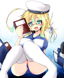 Rule 34 | 10s, 1girl, bad id, bad pixiv id, blonde hair, blue eyes, book, breasts, fang, glasses, hat, huge breasts, i-8 (kancolle), jellylily, kantai collection, long hair, one-piece swimsuit, personification, red-framed eyewear, school swimsuit, smile, solo, swimsuit, thighhighs, twintails, white thighhighs