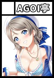 Rule 34 | 1girl, anchor, anchor earrings, bikini, blue bikini, blue bow, blue eyes, blush, bow, breasts, brown hair, cleavage, collarbone, compass, earrings, frilled bikini, frills, front-tie bikini top, front-tie top, hat, head tilt, jacket, jewelry, looking at viewer, love live!, love live! school idol festival, love live! sunshine!!, medium breasts, necklace, parted lips, polka dot, polka dot bikini, sailor hat, sankuro (agoitei), short hair, simple background, smile, solo, swimsuit, teeth, upper body, watanabe you, white background, white hat, wrist cuffs