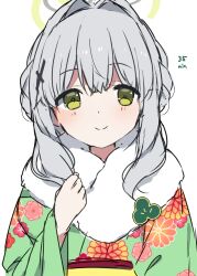 Rule 34 | 1girl, blue archive, blush, closed mouth, cross hair ornament, floral print, green eyes, green kimono, grey hair, hair between eyes, hair ornament, hare (blue archive), highres, japanese clothes, kimono, long hair, long sleeves, looking at viewer, mochigome (ununquadium), obi, ponytail, print kimono, sash, simple background, smile, solo, upper body, white background, wide sleeves
