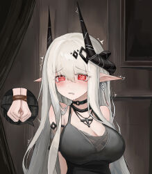 Rule 34 | 1girl, @ @, arknights, black dress, blush, bound, bound wrists, breasts, cleavage, cross pendant, dress, ear blush, earrings, highres, horns, jewelry, large breasts, long hair, mudrock (arknights), mudrock (obsidian) (arknights), panicking, pendant, pointy ears, red eyes, rope, white hair