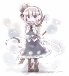 Rule 34 | 1girl, blue eyes, boots, cross-laced footwear, dorua (dollar), earmuffs, female focus, ghost, hairband, katana, konpaku youmu, konpaku youmu (ghost), lace-up boots, mittens, pantyhose, scabbard, scarf, sheath, sheathed, short hair, silver hair, snow, solo, sword, touhou, vest, weapon