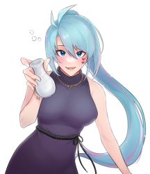 Rule 34 | 1girl, azura cecillia, blue eyes, blue hair, bottle, breasts, commentary, commission, dress, english commentary, floating hair, grey dress, highres, holding, holding bottle, jewelry, large breasts, long hair, multicolored hair, necklace, nijisanji, nijisanji id, open mouth, pink hair, second-party source, smile, solo, streaked hair, very long hair, virtual youtuber, white background, yua (nkyuann)