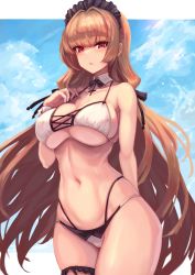 Rule 34 | 1girl, absurdres, arm behind back, azur lane, bare arms, bare shoulders, bikini, blue sky, breasts, brown hair, commentary, cowboy shot, day, denchi more power, detached collar, frilled hairband, frills, hairband, hand on own chest, hand up, highres, large breasts, long hair, looking at viewer, mole, mole under mouth, multi-strapped bikini, navel, parted lips, red eyes, sky, solo, standing, stomach, swiftsure (azur lane), swiftsure (midsummer special service) (azur lane), swimsuit, thighs, very long hair