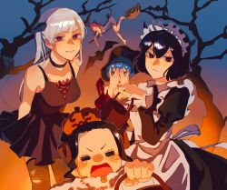 Rule 34 | 5girls, black clover, black hair, breasts, charmy pappitson, fang, gen me, grey (black clover), halloween, highres, looking at viewer, maid, maid headdress, multiple girls, noelle silva, open mouth, purple eyes, red eyes, secre swallowtail, silver hair, skirt, twintails, vanessa enoteca