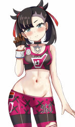 Rule 34 | 1girl, absurdres, asymmetrical bangs, black choker, black hair, blush, breasts, choker, closed mouth, commentary request, creatures (company), dynamax band, earrings, eyelashes, game freak, gloves, green eyes, hair ribbon, hand up, head tilt, highres, jewelry, leggings, looking at viewer, marnie (pokemon), medium hair, midriff, navel, nintendo, nootomo, pokemon, pokemon swsh, red ribbon, ribbon, single glove, solo, sports bra, sweatdrop, torn clothes, torn leggings, twintails, white background