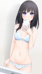 Rule 34 | 1girl, absurdres, bare arms, bare shoulders, black hair, blue bra, blue panties, blush, bow, bow bra, bow panties, bra, breasts, cellphone, closed mouth, cowboy shot, hand up, highres, hijouguti, holding, holding phone, indoors, inoue takina, light smile, long hair, looking at viewer, lycoris recoil, mirror, navel, panties, phone, purple eyes, reflection, small breasts, solo, underwear, underwear only, white bra, white panties