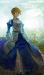 Rule 34 | 1girl, ahoge, armor, armored dress, artoria pendragon (fate), attall, blonde hair, breastplate, dress, fate/stay night, fate (series), faulds, full body, gauntlets, green eyes, highres, long dress, nanbo ataru (attall), saber (fate), short hair, sky, solo