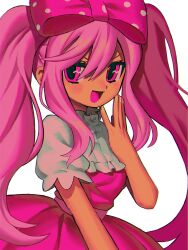 Rule 34 | 1girl, bow, dress, eyelashes, hair between eyes, hair bow, highres, laughing, long hair, looking at viewer, menma (enaic31), omori, open mouth, pink bow, pink dress, pink eyes, pink hair, polka dot, polka dot bow, short sleeves, solo, sweetheart (omori), twintails, white background