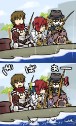 Rule 34 | 2koma, 3boys, alchemist (ragnarok online), anger vein, armor, armored boots, assassin cross (ragnarok online), blacksmith (ragnarok online), blue cape, blush, boots, brown eyes, brown gloves, brown hair, brown headwear, brown shirt, cape, comic, commentary request, fedora, fishing, fishing line, fishing rod, full body, gloves, goblin mask, grin, hair between eyes, hair over one eye, hat, holding, holding fishing rod, long bangs, long sleeves, male focus, mask, masked, minorigo flow, multiple boys, open clothes, open mouth, open shirt, palm tree, pauldrons, ragnarok online, red eyes, red hair, red scarf, sandals, scarf, shirt, short sleeves, shoulder armor, sitting, slime (creature), smile, tree, vambraces, vanilmirth (ragnarok online), water, white shirt