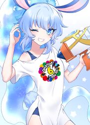 Rule 34 | 1girl, animal ears, blue hair, blue shorts, blush, holding, holding water gun, corriente (show by rock!!), looking at viewer, mel6969, one eye closed, oversized clothes, oversized shirt, ponytail, rabbit ears, rabbit girl, rabbit tail, shirt, short sleeves, shorts, show by rock!!, smile, solo, tail, teeth, water gun, white shirt