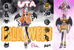 Rule 34 | 1girl, 2022, alternate costume, artist name, bat wings, breasts, character name, character sheet, dress, full body, hair ornament, halloween, halloween costume, hand on own hip, happy, jacket, looking to the side, medium breasts, miniskirt, multicolored hair, oda eiichirou, official alternate costume, official art, one piece, one piece film: red, simple background, skirt, skull hair ornament, smile, speech bubble, text focus, two-tone hair, uta (one piece), white dress, wide hips, wings